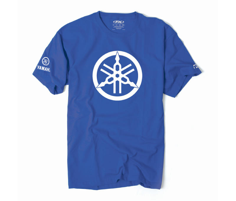 Crisp studio image on a white background of Factory Effex Yamaha 2D Tuning Fork T-Shirt; showing tee fit, printed graphics, and crew neckline; SKU 17-872