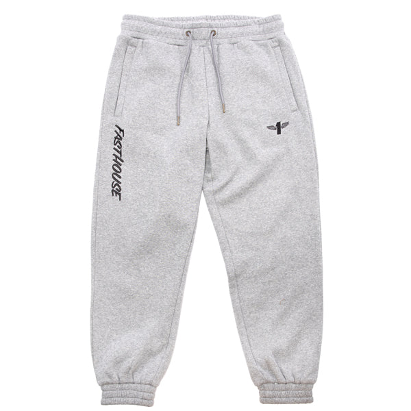 Fasthouse Renown Jogger Pants in Heather Gray, SKU 32169007. Full front view showing elastic waistband with drawstring, side pockets, ribbed ankle cuffs, and bold Fasthouse motocross branding on left leg.
