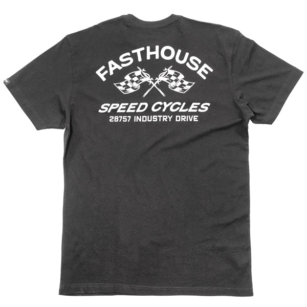 Studio photo on a white background of Fasthouse Crown Tee; showing tee fit, printed graphics, and crew neckline; SKU 3211150504; Sizes: S-3XL