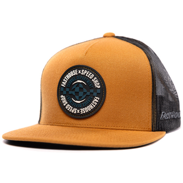 Fasthouse Finch Hat SKU 3210070 with black mesh back, flat bill, and round rubber Speed Shop Service Department patch on front, motocross lifestyle snapback cap.