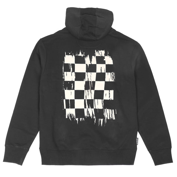 Back view of Fasthouse Fray Hooded Pullover in black, SKU 32131805, featuring a distressed motocross-inspired white checkerboard race flag graphic across the back, symbolizing speed and moto heritage.