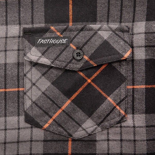 High-resolution studio image of Fasthouse Saturday Night Special Flannel; showing flannel shirt fit, button front, and plaid pattern; SKU 3297920304
