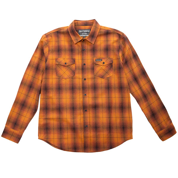 Clean studio shot of Fasthouse Saturday Night Special Flannel; showing flannel shirt fit, button front, and plaid pattern; SKU 3297920304; Sizes: S-3XL