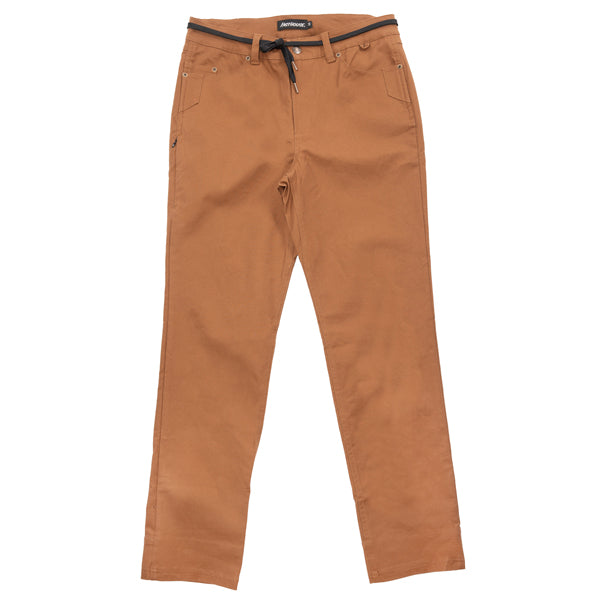 Front view of the Fasthouse Service Pant, SKU 34160203, in camel color. The pants are shown laid flat, displaying a straight-leg fit and a black drawstring at the waist.