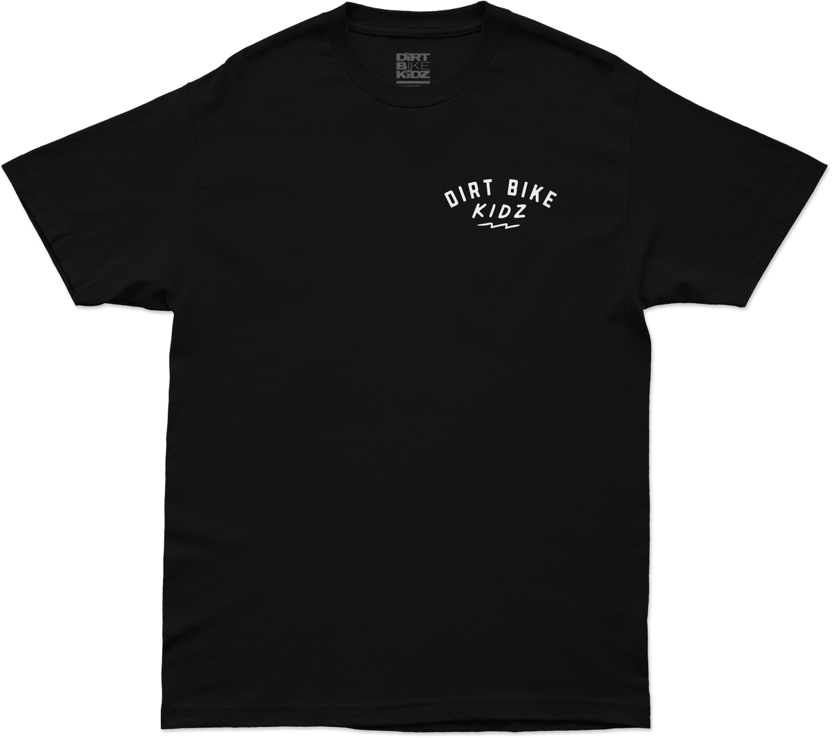 Professional studio photo of Dirt Bike Kidz 12 O'clock Tee; showing tee fit, printed graphics, and crew neckline; SKU 325-00000S; Colors: Black