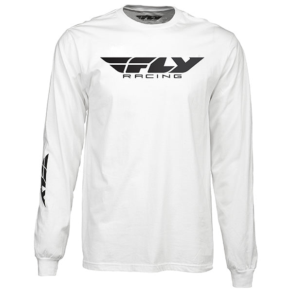Studio photo on a white background of Fly Racing Corporate LS Tee; showing long-sleeve cut, printed graphics, and crew neckline; SKU 352-4144S