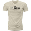 Studio photo on a white background of Fly Racing Motto Tee; showing tee fit, printed graphics, and crew neckline; SKU 352-0060S; Colors: BLACK, NATURAL