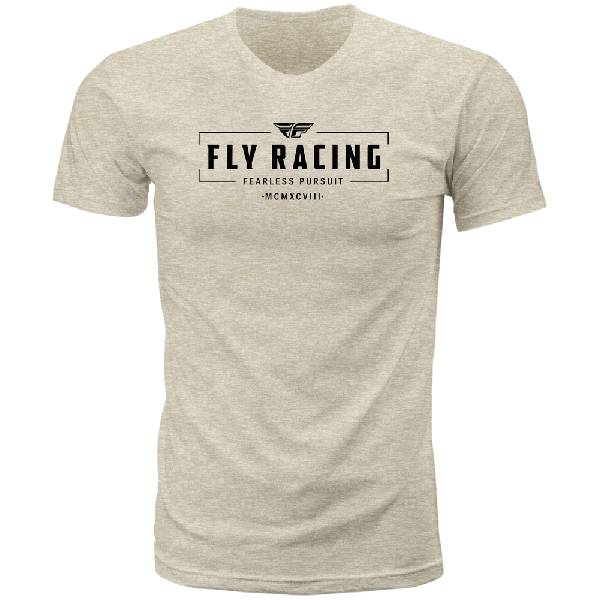 Studio photo on a white background of Fly Racing Motto Tee; showing tee fit, printed graphics, and crew neckline; SKU 352-0060S; Colors: BLACK, NATURAL