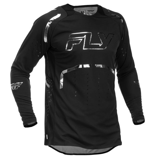 Studio view of Fly Racing Fly Racing - Evolution DST SE Spark Jersey, in Black and Silver, lightweight, breathable fabric, on a white studio background, for motocross / off‑road use, (SKU 379-124S) | SKU: 379-124S | Available at BTO Sports