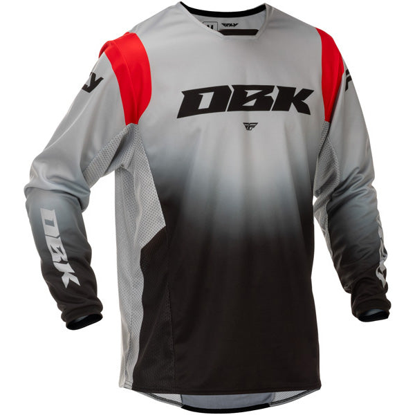 Studio view of Fly Racing Fly Racing - Kinetic DBK Jersey, in Grey and Black and Red, lightweight, breathable fabric, on a white studio background, for motocross / off‑road use, (SKU 379-520S) | SKU: 379-520S | Available at BTO Sports