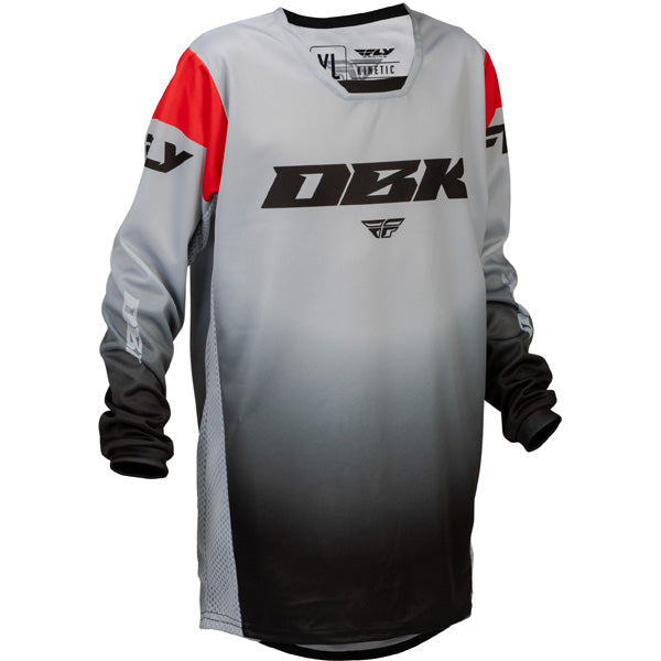 Studio view of Fly Racing Fly Racing - Kinetic DBK Jersey (Youth), in Grey and Black and Red, lightweight, breathable fabric, on a white studio background, for motocross / off‑road use, (SKU 379-520YS) | SKU: 379-520YS | Available at BTO Sports