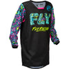 Studio view of Fly Racing Fly Racing - Kinetic Mutant Jersey (Youth), in Black and Multi, lightweight, breathable fabric, on a white studio background, for motocross / off‑road use, (SKU 379-525YS) | SKU: 379-525YS | Available at BTO Sports