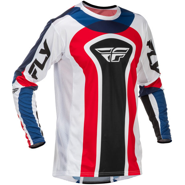 Studio view of Fly Racing Fly Racing - Lite SE Glory Jersey, in Red and White and Blue, lightweight, breathable fabric, on a white studio background, for motocross / off‑road use, (SKU 379-724S) | SKU: 379-724S | Available at BTO Sports