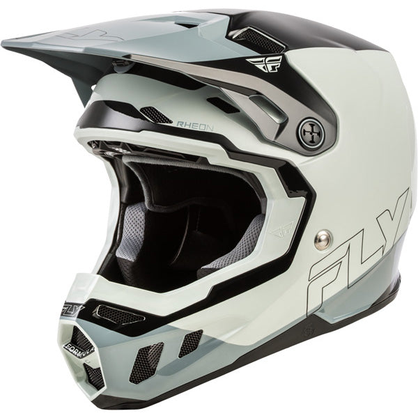 Studio view of  fly racing , in grey and light grey and black, protective shell, on a white studio background, for motocross / off‑road use, | Fly Racing - Formula CC Glide Helmet (Youth) | SKU 73-4352 | Colors: Purlpe/Stone/Black, Grey/Light Grey/Black, Blue/Light Grey/Grey, Black/Red/Grey | Available at BTO Sports