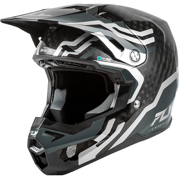 Studio view of  fly racing , in black carbon and grey and silver, carbon shell, protective shell, on a white studio background, for motocross / off‑road use, | Fly Racing - Formula S Carbon Byte Helmet | SKU 73-4450 | Colors: Black Carbon/Grey/Silver, Blue Carbon/Blue/White, Black Carbon/Teal/Lime, Red Carbon/Red/Grey | Sizes: XS to 2X | Available at BTO Sports