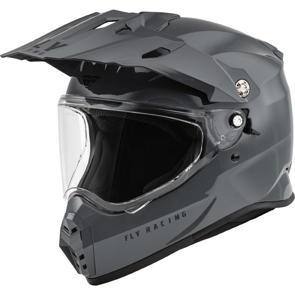 Studio view of fly racing , in grey, protective shell, on a white studio background, for motocross / off‑road use, | Fly Racing - Trekker Solid Helmet | SKU 73-7035 | Colors: Matte Black, Grey, White | Sizes: XS to 2X | Available at BTO Sports
