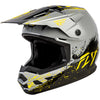 Studio view of fly racing , in grey and black and yellow, protective shell, on a white studio background, for motocross / off‑road use, | Fly Racing - Kinetic Drip Helmet (Youth) | SKU 73-8679 | Colors: Turquoise/Pink/Yellow, Red/White/Blue, Grey/Black/Yellow | Sizes: Y-SM to Y-LG | Available at BTO Sports