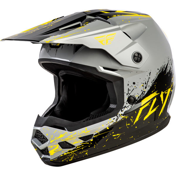 Studio view of fly racing , in grey and black and yellow, protective shell, on a white studio background, for motocross / off‑road use, | Fly Racing - Kinetic Drip Helmet (Youth) | SKU 73-8679 | Colors: Turquoise/Pink/Yellow, Red/White/Blue, Grey/Black/Yellow | Sizes: Y-SM to Y-LG | Available at BTO Sports