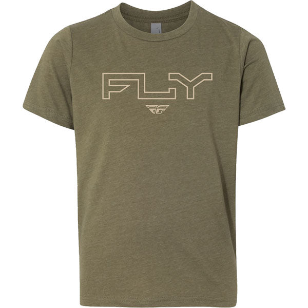 Clean studio shot of Fly Racing Edge Tee (Youth); showing tee fit, printed graphics, and crew neckline; SKU 354-0308YS; Sizes: Y-SM, Y-MD, Y-LG