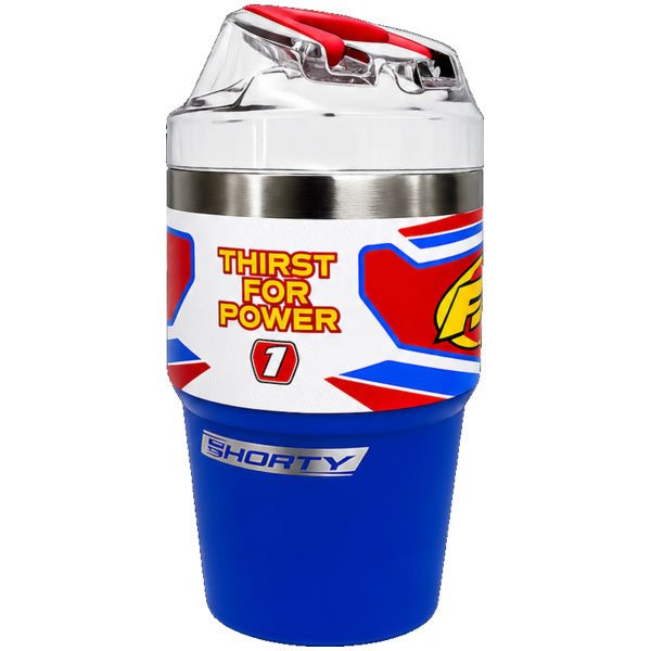 FMF Shorty 16-ounce tumbler in blue, front view with red flip-top lid, Thirst for Power graphics, and Shorty logo, SKU 73-2392, UPC 843293167452