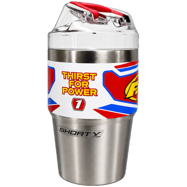 FMF Shorty 16-ounce tumbler in stainless steel, front view with red flip-top lid, Thirst for Power graphics, and Shorty logo, SKU 73-2394, UPC 843293167476