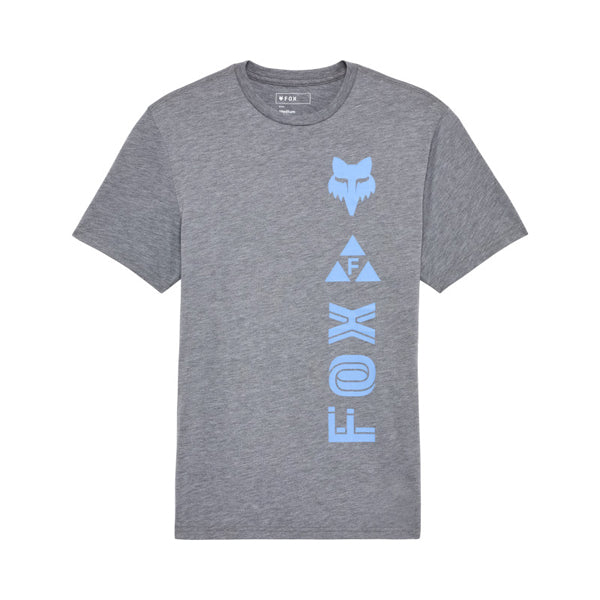 Clean studio shot of Fox Racing Glyph Tech Tee; showing tee fit, printed graphics, and crew neckline; SKU 36444-185-S; Colors: Heather Graphite, Black