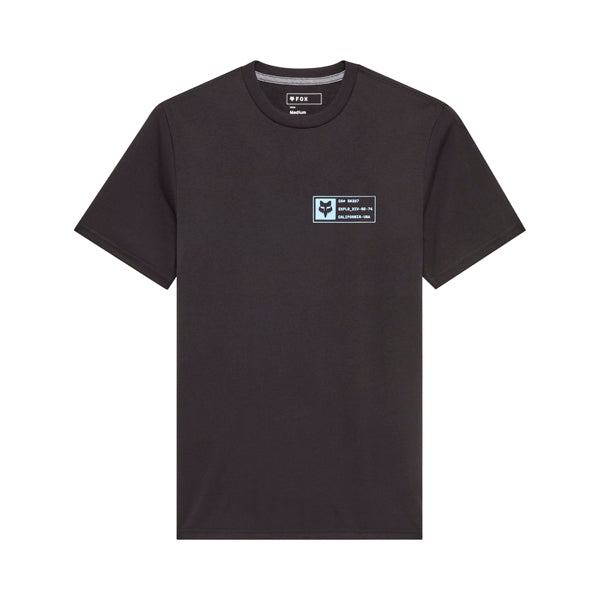 Clean studio shot of Fox Racing Vision Tech Tee; showing tee fit, printed graphics, and crew neckline; SKU 36446-001-S; Colors: Black; Sizes: S-2XL