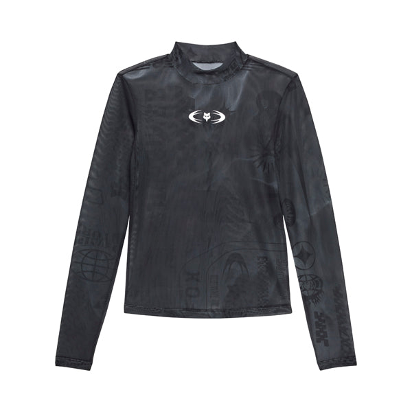 Clean studio shot of Fox Racing Image Cosmo Mesh Long Sleeve Tee (Womens); showing long-sleeve cut, printed graphics, and crew neckline; SKU 36573-330-XS