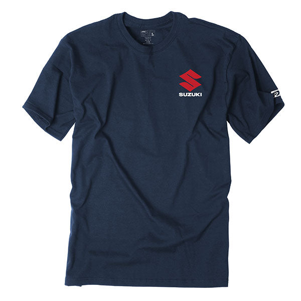 Clean studio shot of Factory Effex Suzuki Shutter T-shirt; showing tee fit, printed graphics, and crew neckline; SKU 20-874; Colors: L, M, 2XL, XL