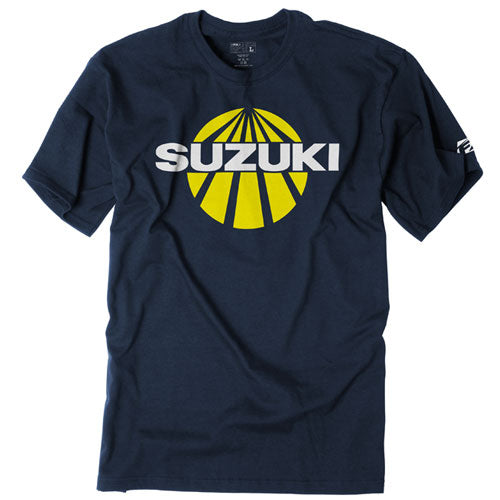 Clean studio shot of Factory Effex Suzuki Sun Tee; showing tee fit, printed graphics, and crew neckline; SKU 19-874; Colors: XL, L, M, XXL; Sizes: NAVY