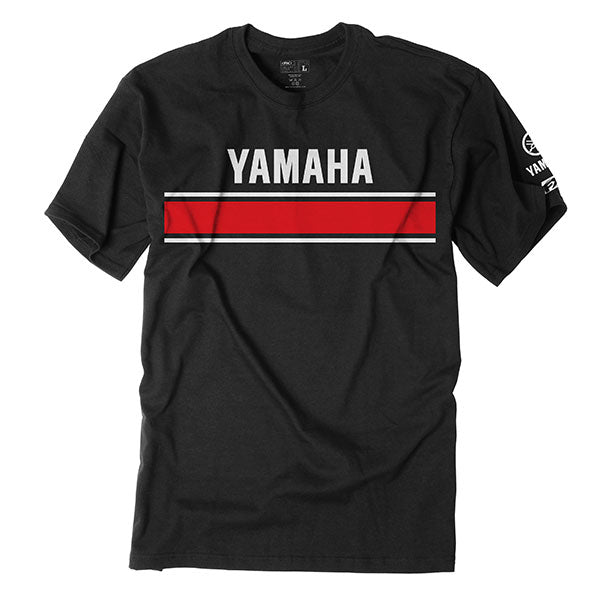 Studio photo on a white background of Factory Effex Yamaha Retro T-shirt; showing tee fit, printed graphics, and crew neckline; SKU 20-872; Sizes: BLACK