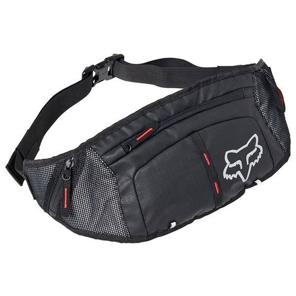 Fox Racing Hip Pack Slim SKU 27147 Black front view showing zipper pockets and Fox Head branding