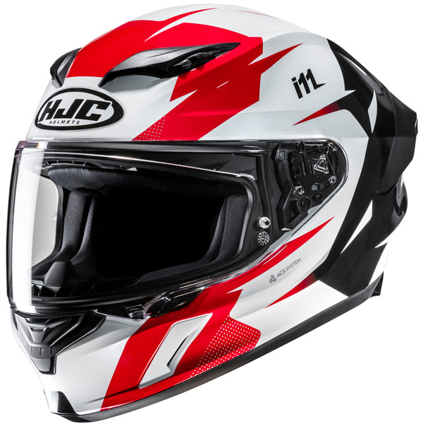 810400103 | A full-face motorcycle helmet with a sleek aerodynamic design, predominantly white with bold red and black angular graphics, featuring the HJC logo on the front, the model number '11Z' on the side, and an advanced ventilation system with adjustable vents on the top and chin guard, set against a plain white background with soft, even lighting highlighting its glossy finish and detailed features. | Available at BTO Sports