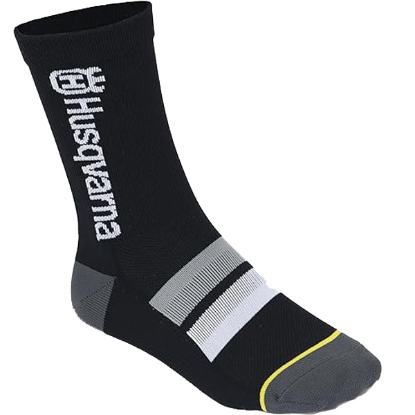 Product image of Husqvarna Motorcycles - HQV Barred Crew Socks in Black showing crew-length moto socks with Husqvarna branding, SKU 3HS250052600 | Available at BTO Sports