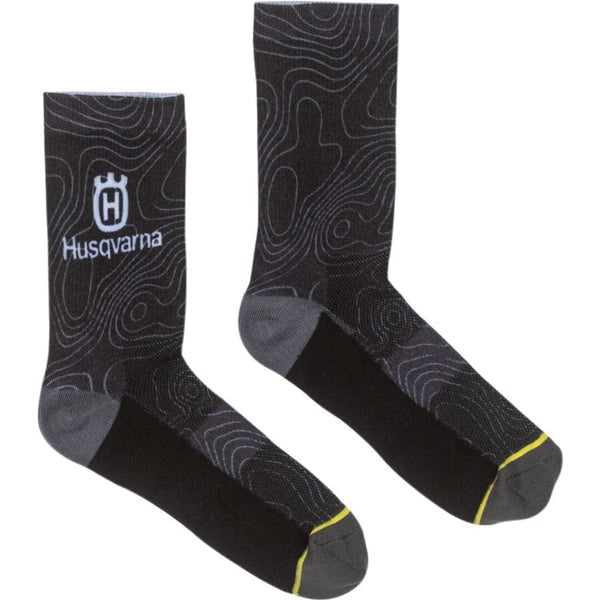 Product image of Husqvarna Motorcycles - HQV Topo Crew Socks in Navy showing crew-length moto socks with Husqvarna branding, SKU 3HS250052500 | Available at BTO Sports