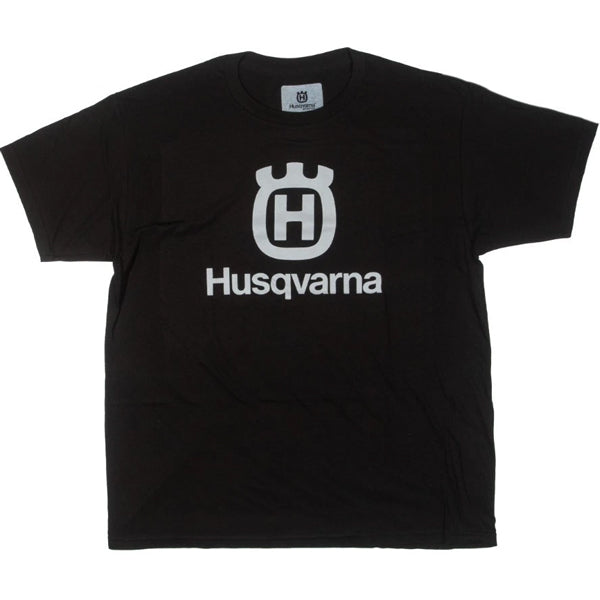 Studio photo on a white background of Husqvarna Husqvarna Stacked Logo Tee; showing tee fit, printed graphics, and crew neckline; SKU 3HS250053502