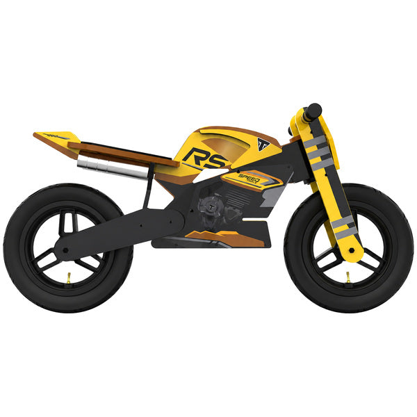 Kiddimoto Triumph Speed Triple 1200 RS wooden balance bike in a side view, with a bright yellow frame, black spoke wheels and pneumatic tires, black seat and grips, Triumph and RS branding, and silver exhaust-style detailing. SKU 6393000550, UPC 5060840317978.