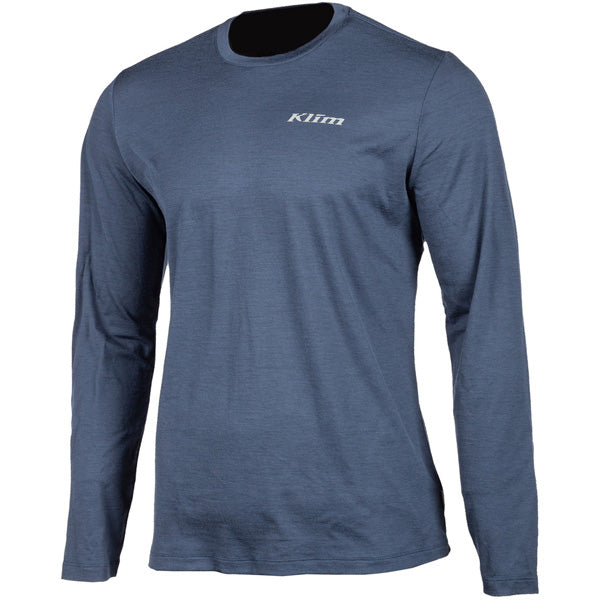 Crisp studio image on a white background of Klim Teton Merino Wool Long Sleeve Shirt; showing long-sleeve cut, printed graphics, and crew neckline