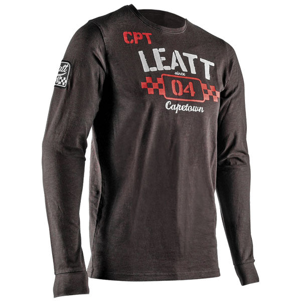 Crisp studio image on a white background of Leatt Heritage Long Sleeve; showing long-sleeve cut, printed graphics, and crew neckline; SKU 50224002