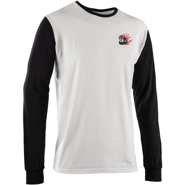 Professional studio photo of Leatt Core Long Sleeve Shirt; showing long-sleeve cut, printed graphics, and crew neckline; SKU 50260814; Sizes: S-3XL