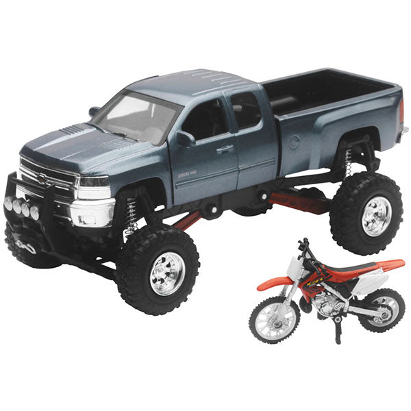 Product image | New Ray Toys - Chevy 4x4 Honda CR250R 1:32 Scale Truck Set | SKU: 959-0118 detailed die-cast toy model for collectors and kids | Available at BTO Sports