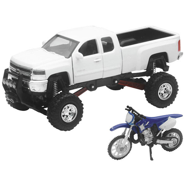 Product image | New Ray Toys - Chevy 4x4 Yamaha YZ125 1:32 Scale Truck Set | SKU: 959-0117 detailed die-cast toy model for collectors and kids | Available at BTO Sports