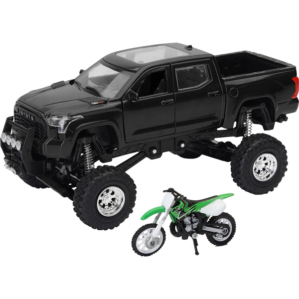 Product image | New Ray Toys - Toyota Tundra Off Road Pick Up w/ Kawasaki Dirt Bike 1:32 Scale | SKU: 959-0198 detailed die-cast toy model for collectors and kids | Available at BTO Sports