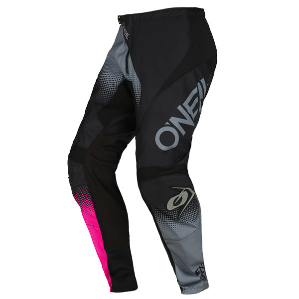 Studio image highlighting O'Neal, Women's Element Racewear Pants, SKU E021-726, color options Black/Grey/Pink, sizes 1/2, 3/4, 5/6, 7/8, 9/10, 11/12, 13/14