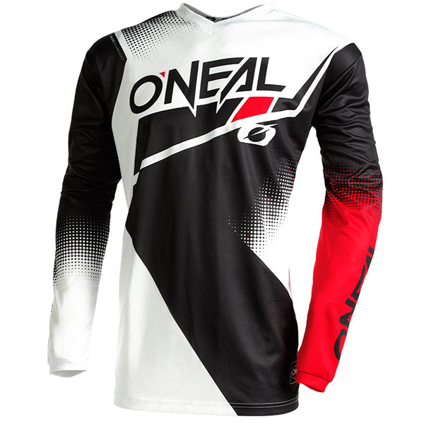Studio photo showcasing O'Neal, Element Racewear Jersey (Youth), SKU E003-113, color options Black/White/Red, sizes Y-XS, Y-SM, Y-MD, Y-LG, Y-XL