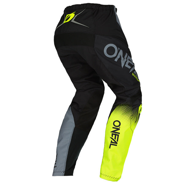 High-resolution studio image of O'Neal, Element Racewear Pants, SKU E021-128, color options Blue/Orange/Neon Yellow, Black/White/Red, Blue/White/Red, Black/Grey/Neon Yellow, sizes 28–52