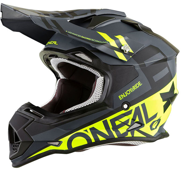 Studio image highlighting O'Neal, 2 Series Spyde Helmet, SKU 0200-211, color options Black/Neon, sizes XS–2X
