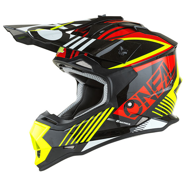 Catalog studio image of O'Neal, 2 Series Rush Helmet, SKU 0200-311, color options Red/Neon Yellow, Orange/Blue, sizes XS–2X