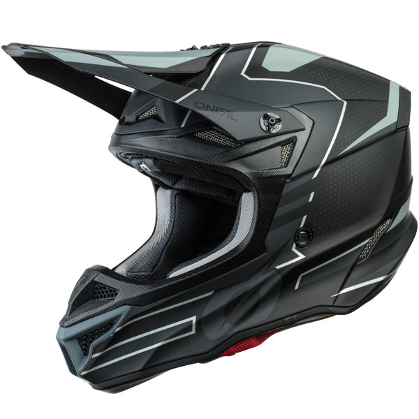 Studio image on a white background of O'Neal, 5 Series Sleek Helmet, SKU 0628-421, color options Black/Grey, Black/Neon Yellow, White/Blue/Red, sizes XS–2X