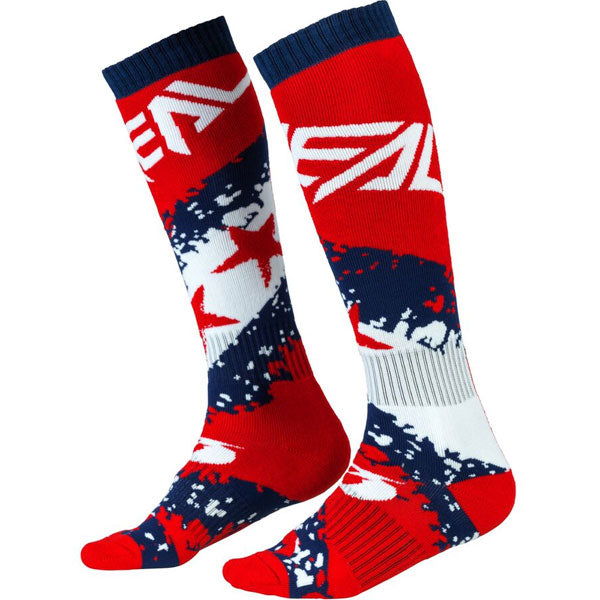 Clean studio photo on a white background of O'Neal, Pro MX Stars Socks, SKU 0356-772, color options Red/White/Blue